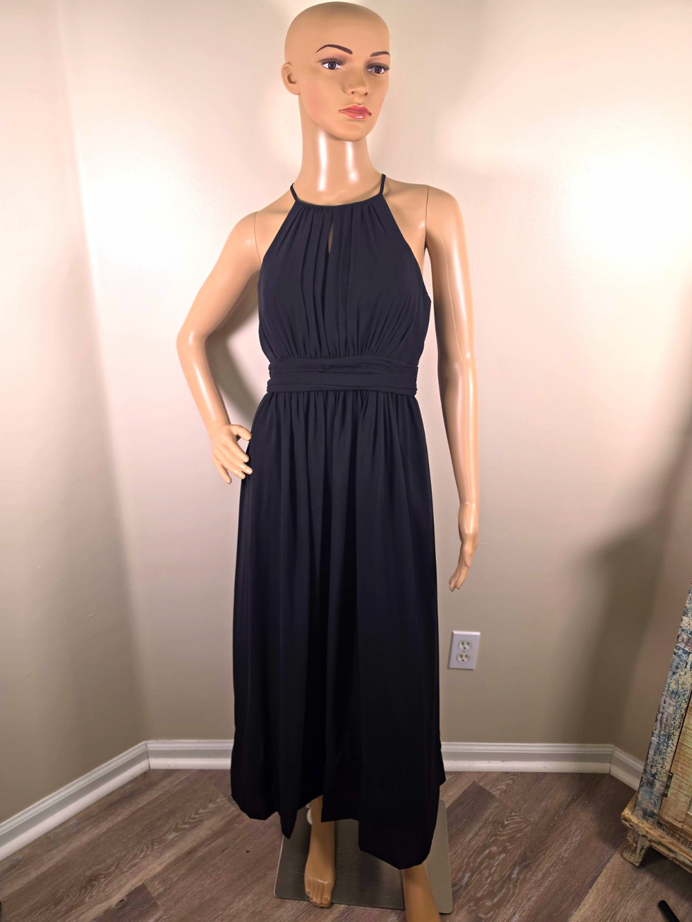 DB Studio Black Halter Neck Pleated Chiffon Maxi Dress Lined Zip Women’s 18